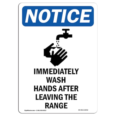 OSHA Notice Sign, Immediately Wash Hands With Symbol, 5in X 3.5in Decal